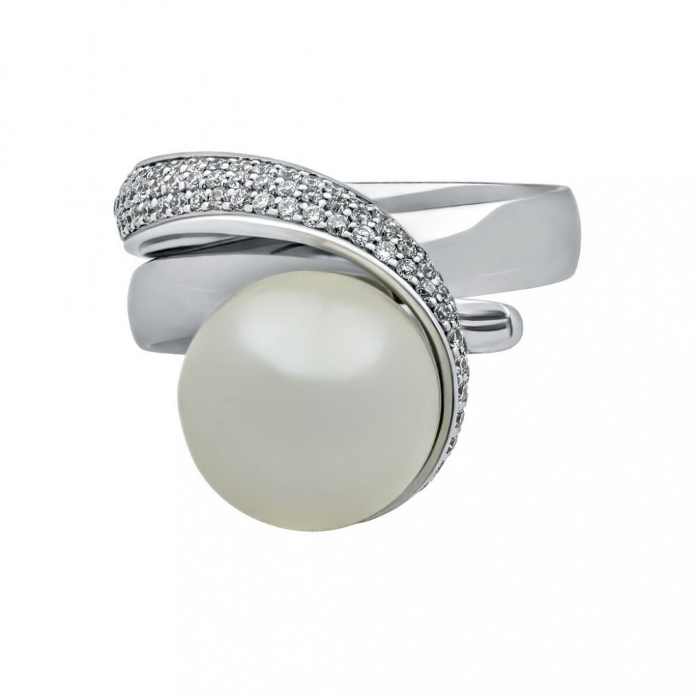 Кольцо с жемчугом и бриллиантами из белого золота 585 пробы 170199